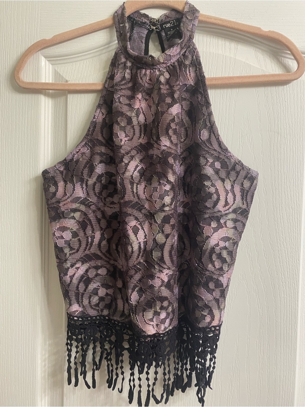 Vintage Rue21 Whimsigoth Floral Lace Mock Neck Halter Fringe Waist Crop Top S - Picture 2 of 13